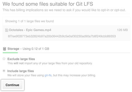 Git Large File Storage menu and Continue button