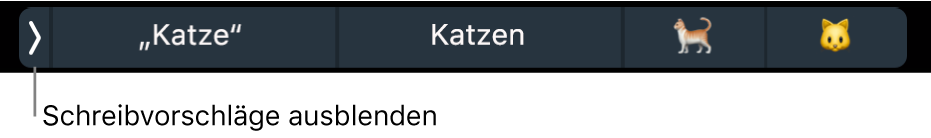 Schreibvorschläge mit eingeblendeten Wörtern und Emojis und links mit der Taste zum Ausblenden der Schreibvorschläge.