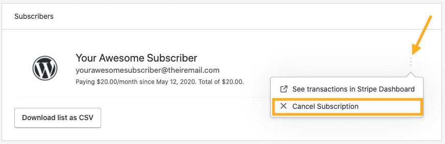 Option to cancel an existing subscription