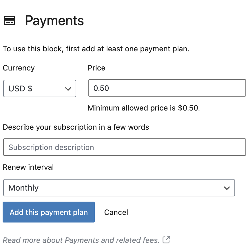 Options to add a plan when first adding a Payments block 