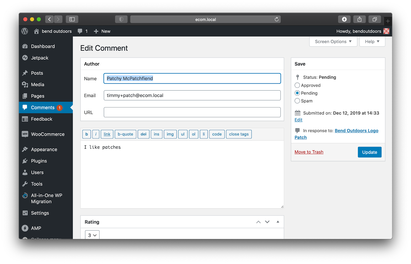 Screenshot of the WooCommerce Edit Comment screen, where a comment (review) can be edited