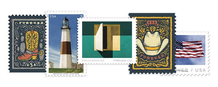 Featured postage stamps: Western Wear, Mid-Atlantic Lighthouses, Emilio Sanchez, Western Wear, and American Flag.