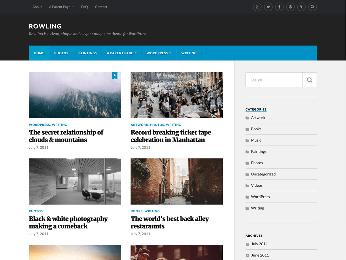 Rowling is a clean, simple and elegant magazine theme for WordPress. It features a responsive design, great typography, three menu locations including a social menu support, custom color support, custom logo support, and a gallery post format support.