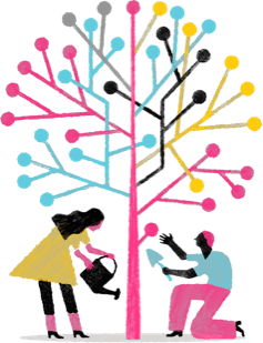 Illustration of two people tending to a tree