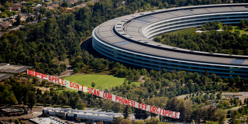 A plane flies a banner over Apple’s Cupertino, Calif., headquarters during the company’s iPhone launch event on Tuesday, Sept. 14, 2021. It is part of an Electronic Frontier Foundation (EFF) campaign demanding Apple drop its planned iPhone surveillance