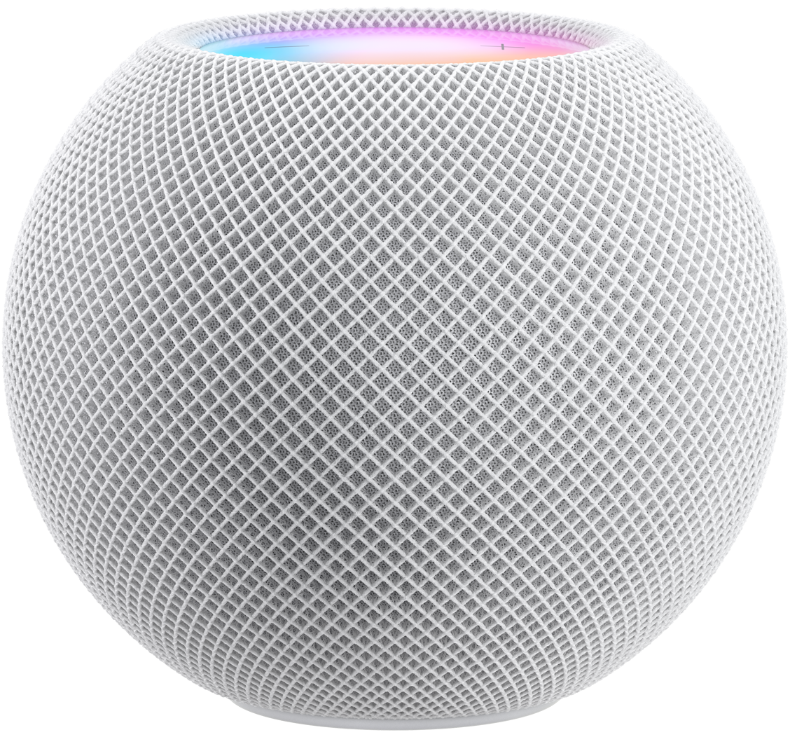 White HomePod mini with colourful top cap just visible over the edge.
