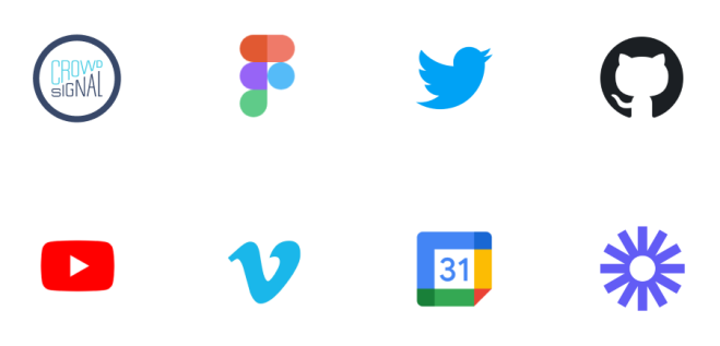 Crowdsignal、Figma、Twitter、GitHub、YouTube、Vimeo、Google Calendar、Loom のロゴ