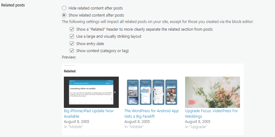 The Related Posts Settings in Reading Settings