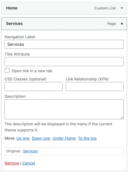 Menu configuration options