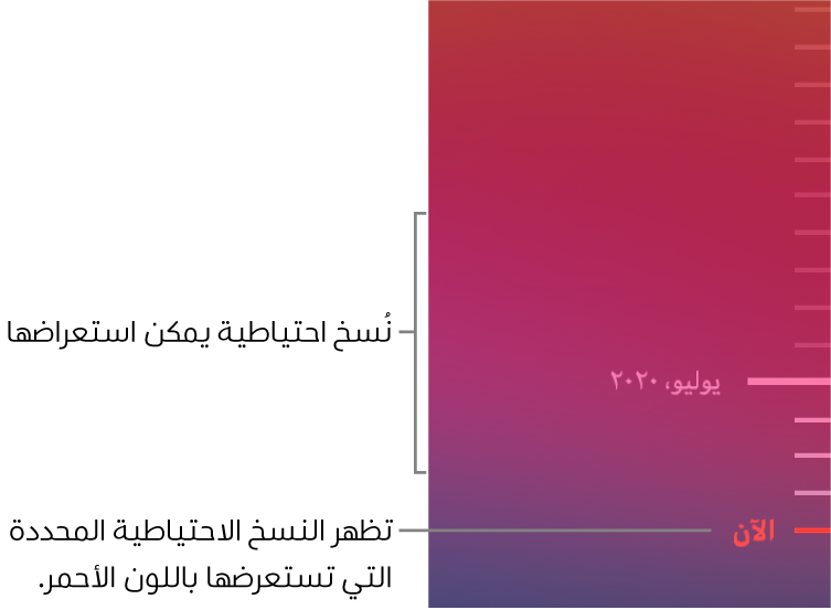 علامات اختيار في المخطط الزمني للنسخ الاحتياطي. علامة اختيار باللون الأحمر تشير إلى النسخة الاحتياطية التي تستعرضها.