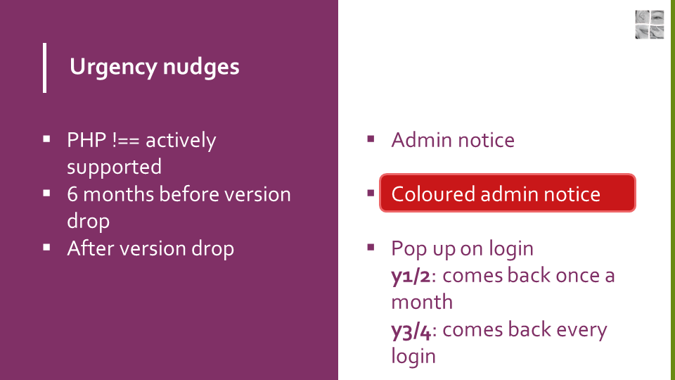 Slide showing an "Urgency nudges" proposal:
* For websites running on a PHP versions no longer actively supported, an admin notice will be shown.
* As of six months before the planned drop of a PHP version, the admin notice on those sites would change colour to draw more attention to it.
* After the PHP version drop, the proposal is to show a big pop-up on admin login for the first and second year after. The notice is dismissable but will come back once a month.
* For the third and fourth year after support for the PHP version has been dropped, this pop-up will show every time an admin logs into the website.