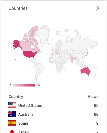 This world map shows areas of view origins colored in. Under the map, there is a list showing how many views came from each specific country.