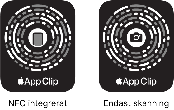 Till vänster finns en NFC-integrerad kod för appklipp med en iPhone-symbol i mitten. Till höger finns en NFC-kod som endast går att skanna med en kamerasymbol i mitten.