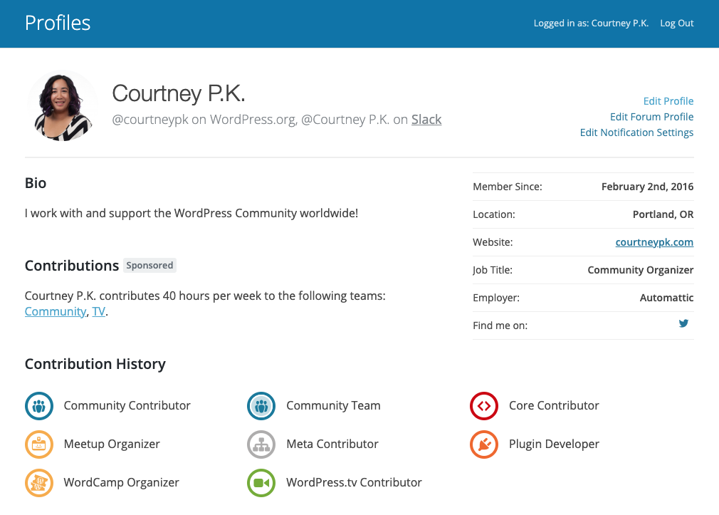 Image of Courtney P.K.'s profile on WordPress.org, showing her various contributor badges.