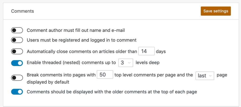 The Comment setting toggles section, displaying the options detailed in the list above, with a Save Settings button.