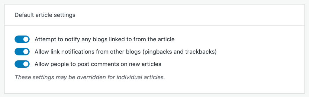 The Default Article Settings toggles, with options for: Attempt to notify any blogs linked to from the article; Allow link notifications from other blogs (pingbacks and trackbacks); and Allow people to post comments on new articles. Followed by a note that states "These settings may be overridden for individual articles."