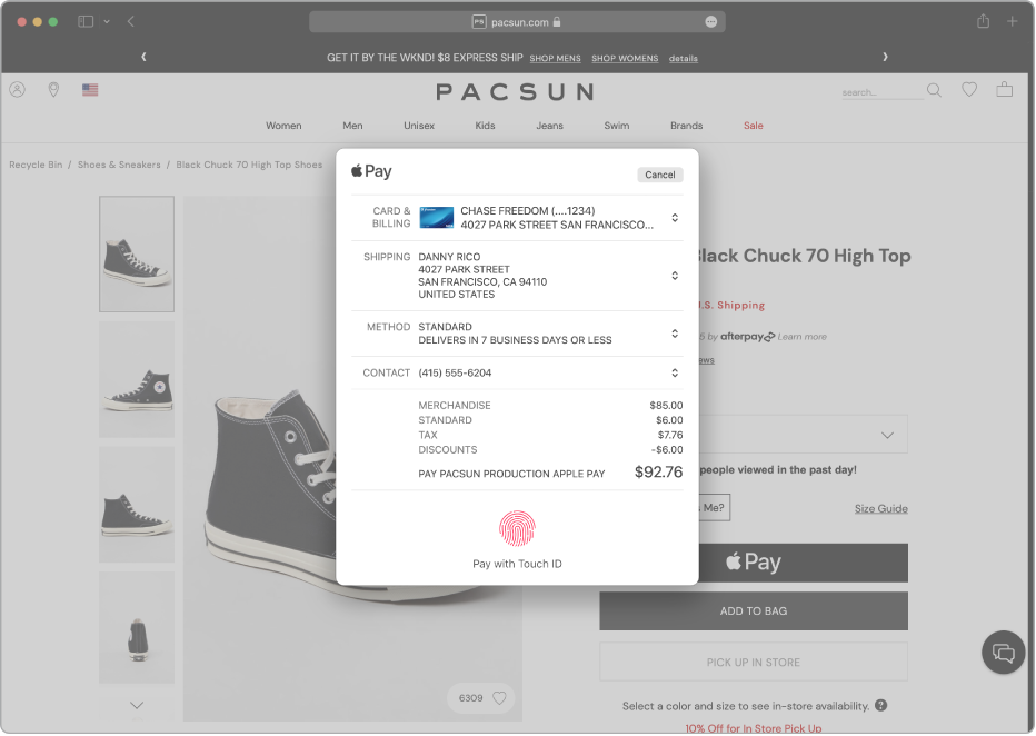 A popular shopping site that allows Apple Pay, and the details of your purchase including which credit card was billed, shipping information, store information, and purchase price.