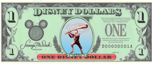 A Disney Dollar. In its central oval, Mickey Mouse has been replaced by a trustbuster-era editorial caricature of Teddy Roosevelt swinging a club.