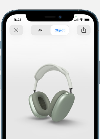 Image shows Green AirPods Max in Augmented Reality screen on iPhone.