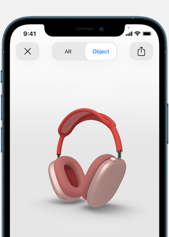 Image des AirPods Max rose en réalité augmentée sur iPhone.
