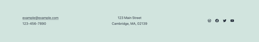 The contact information pattern has 3 columns that contains email and phone number, address and social media links with icons.