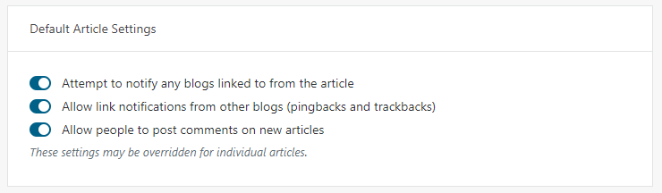 The option to enable comments is the third toggle in the Default Article Settings section.