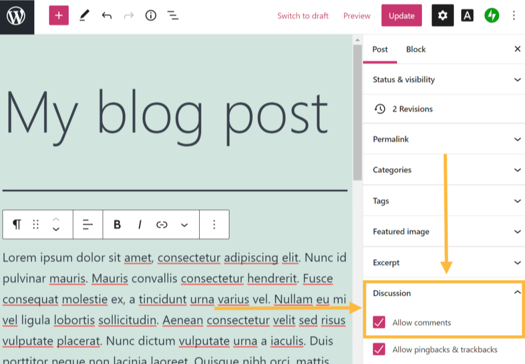 A blog post is shown, with the Discussion settings highlighted in orange