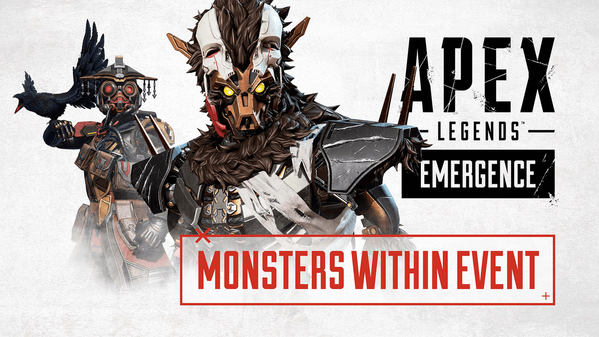 Image shows Bloodhound and Revenant in their Halloween-themed cosmetic skins. Text reads Apex Legends: Emergence, Monsters Within Event.