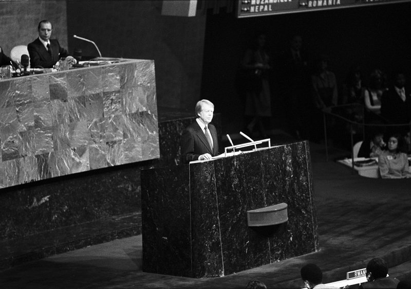 B&W pic of President Carter at the podium at the UN giving his speech.