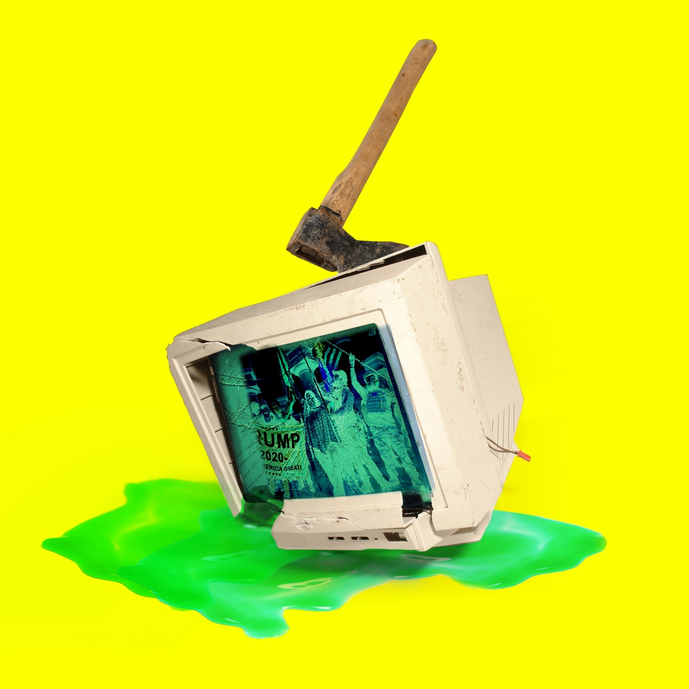 A computer with an axe in it leaks green goo.