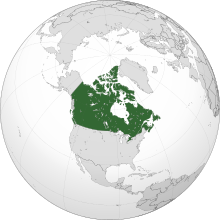 A projection of North America with Canada highlighted in green