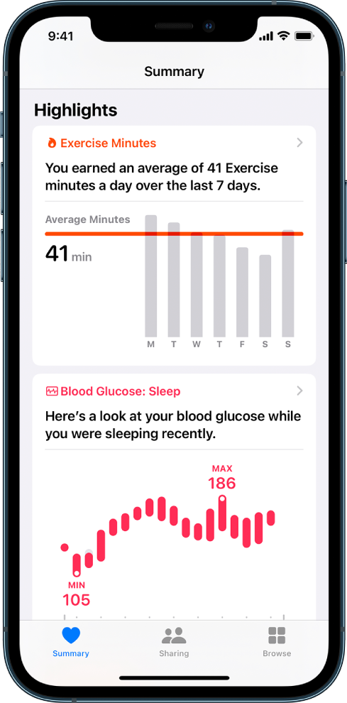 Pantalla Resumen mostrando los resaltados que incluyen minutos de ejercicios y glucosa en la sangre al dormir.