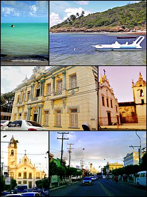 Do topo, em sentido horário: Praia de Ponta de Pedras; Ponta do Funil; Igreja da Ordem Terceira do Carmo; Centro de Goiana; Igreja de Nossa Senhora do Rosário; e Prefeitura de Goiana.