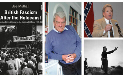 Left: 'British Fascism After the Holocaust,' by Dr. Joe Mulhall (Courtesy); Center: Holocaust denier David Irving (CC-BY-SA 3.0/ Allan Warren); Top right: Holocaust denier and former KKK leader David Duke (AP/Burt Steel); Bottom right: British fascist Oswald Mosley (AP photo/Bead)