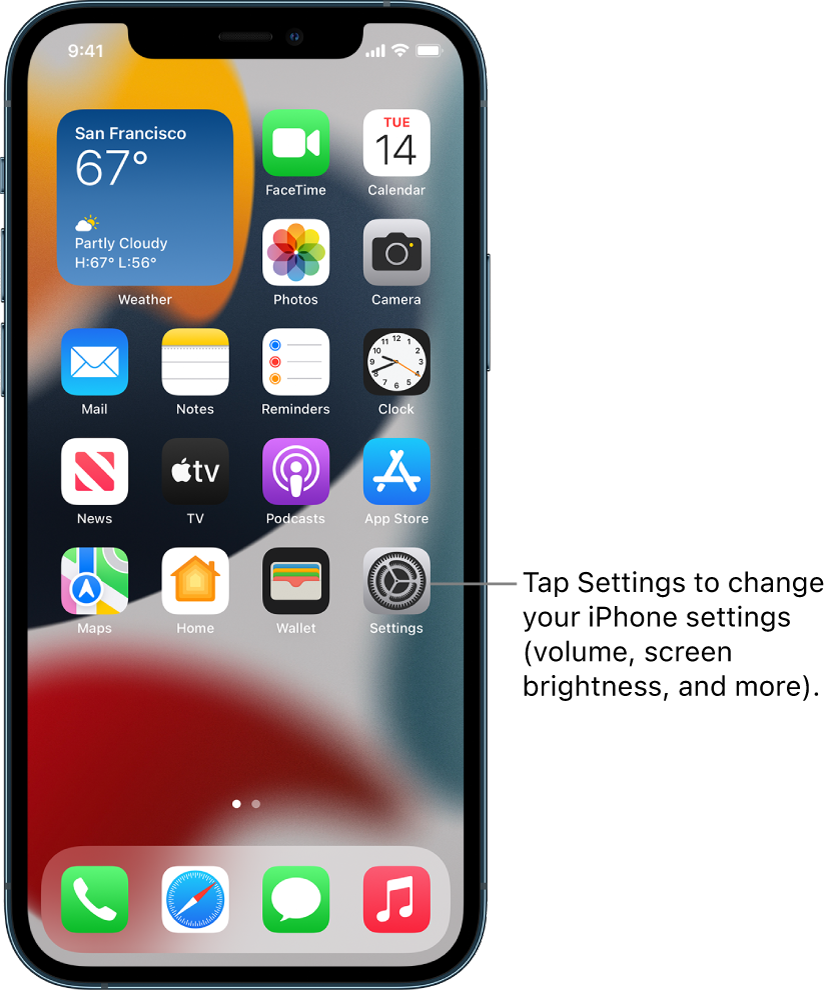 The Home Screen with several app icons, including the Settings app icon, which you can tap to change your iPhone sound volume, screen brightness, and more.