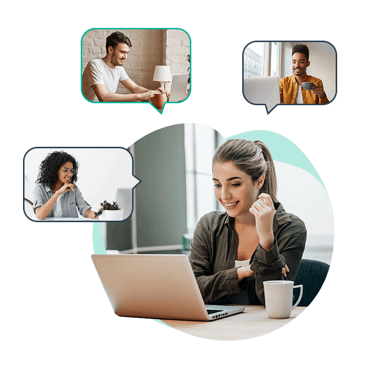 Woman working at laptop surrounded by others working with her from remote locations