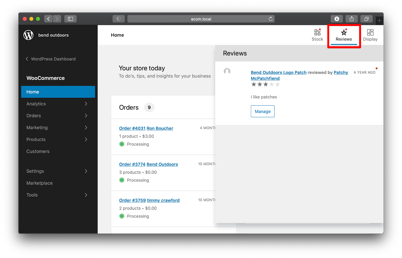 Screenshot of the WooCommerce Reviews panel, where you can manage pending reviews