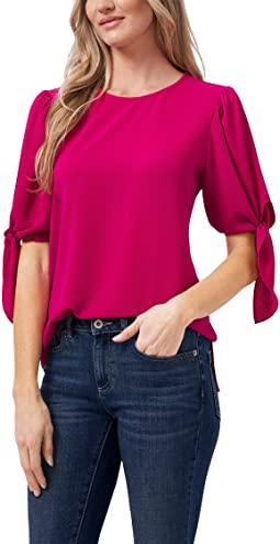 Short Sleeve Puff Sleeve Blouse w/ Ties