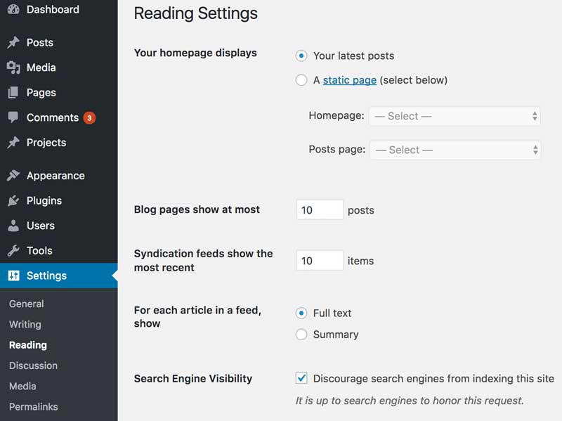 WordPress Reading Settings