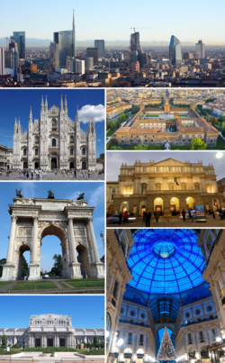 Clockwise from top: Porta Nuova, Sforza Castle, La Scala, Galleria Vittorio Emanuele II, Milano Centrale railway station, Arch of Peace and Milan Cathedral.