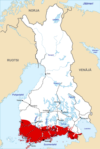 A map illustrates the final battles of the war. The Reds do not mount any more offensives, while the Imperial German Army lands from the Gulf of Finland behind the Reds and captures the capital of Helsinki. The Whites attack all along the front southwards.