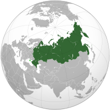 Russia on the globe with unrecognised territories in light green.[a]