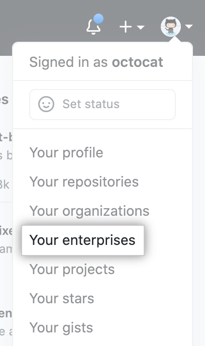 "Your enterprises" in drop-down menu for profile photo on GitHub