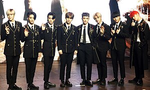 Ateez at their Treasure EP.Fin: All to Action showcase, October 2019 (from left: Yunho, Seonghwa, San, Yeosang, Hongjoong, Wooyoung, Jongho and Mingi)