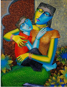 The artist used a very distinctive technique of knife on canvas to reflect mother's altruistic love for her child. The colors integrated in this painting are bright and full of life. Mixed Media Painting, Mixed Media Art, Modern Art Paintings, Indian Artist, Mother And Child, Cute Photos, Figure Painting, Medium Art, Contemporary Art