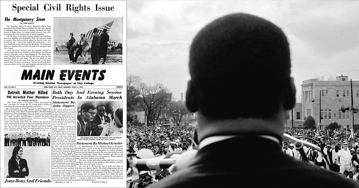 City College history collage: Martin Luther King, Jr. at the 1965 Selma, Alabama march and copy of the CCNY paper Main Events from April 1965