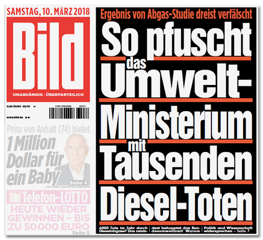 Bild-Titelseite - Ergebnis von Abgas-Studie dreist verfälscht - So pfuscht das Umweltministerium mit Tausenden Diesel-Toten