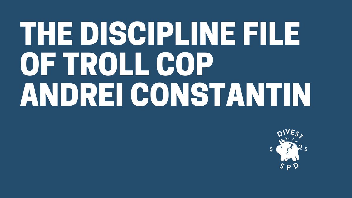 White text on navy blue background: "The Discipline File of Troll Cop Andrei Constantin" 

In the lower right corner is the broken piggybank logo of DivestSPD (white)