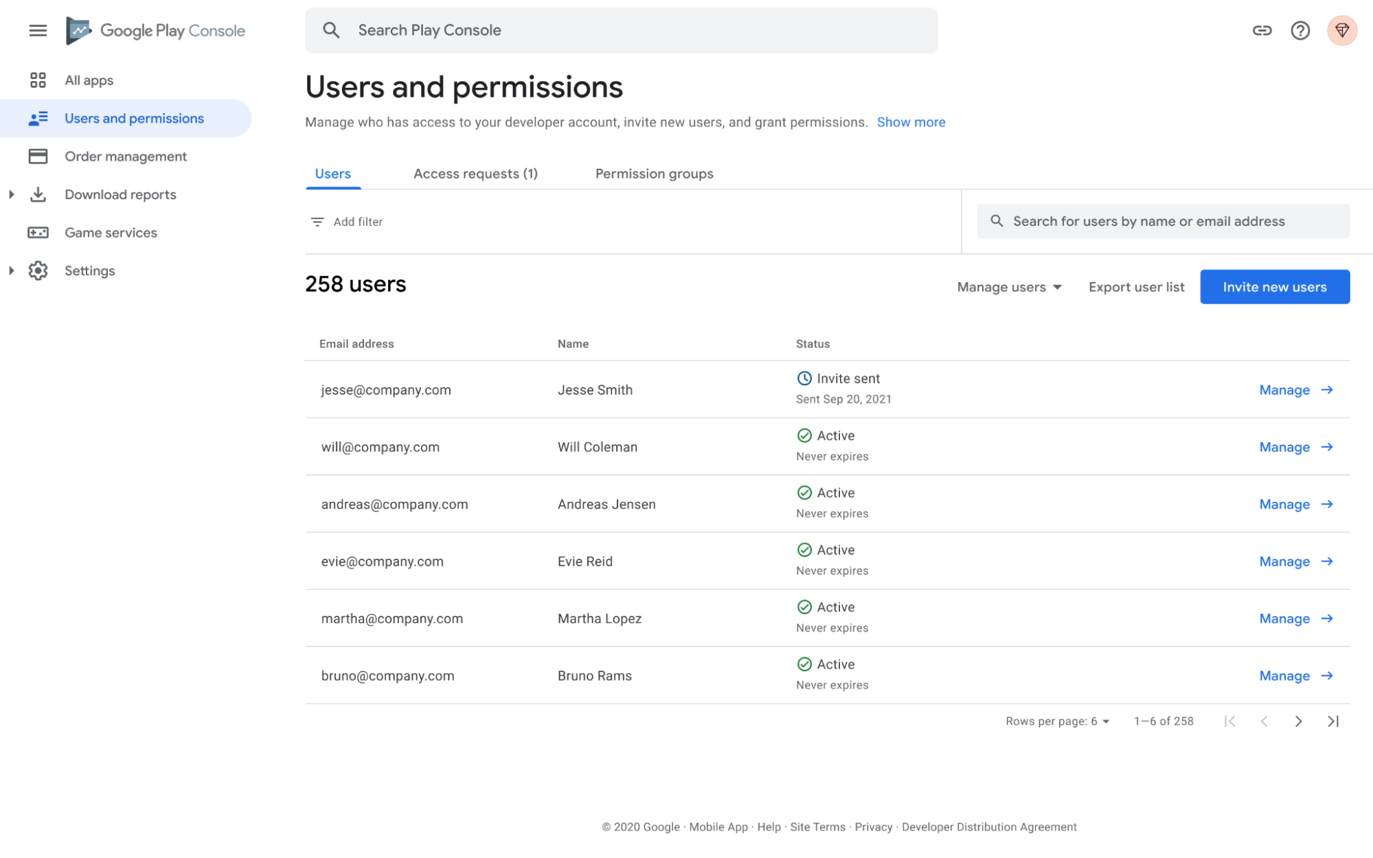 Users and Permissions screen