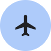 Blue circle with a black airplane logo in the middle